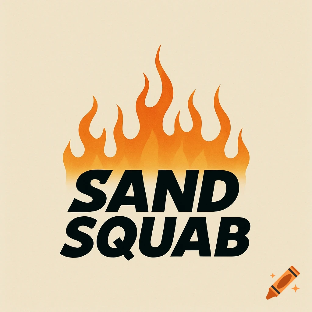 A logo featuring black text 'SAND SQUAB' on a light background, topped with orange and yellow flames.