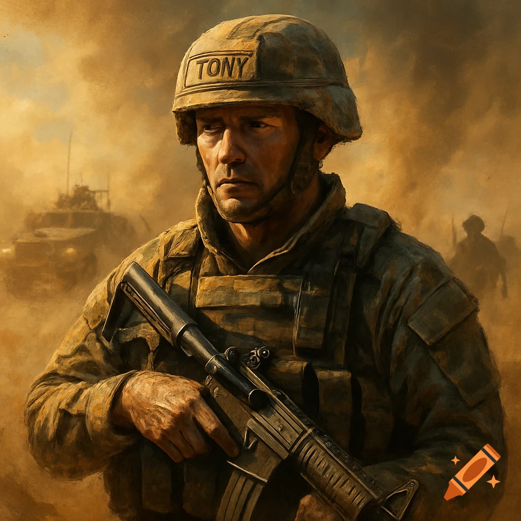 A soldier in military fatigues holding a rifle, with the name 'TONY' on his helmet, in a dusty, painterly warzone setting.