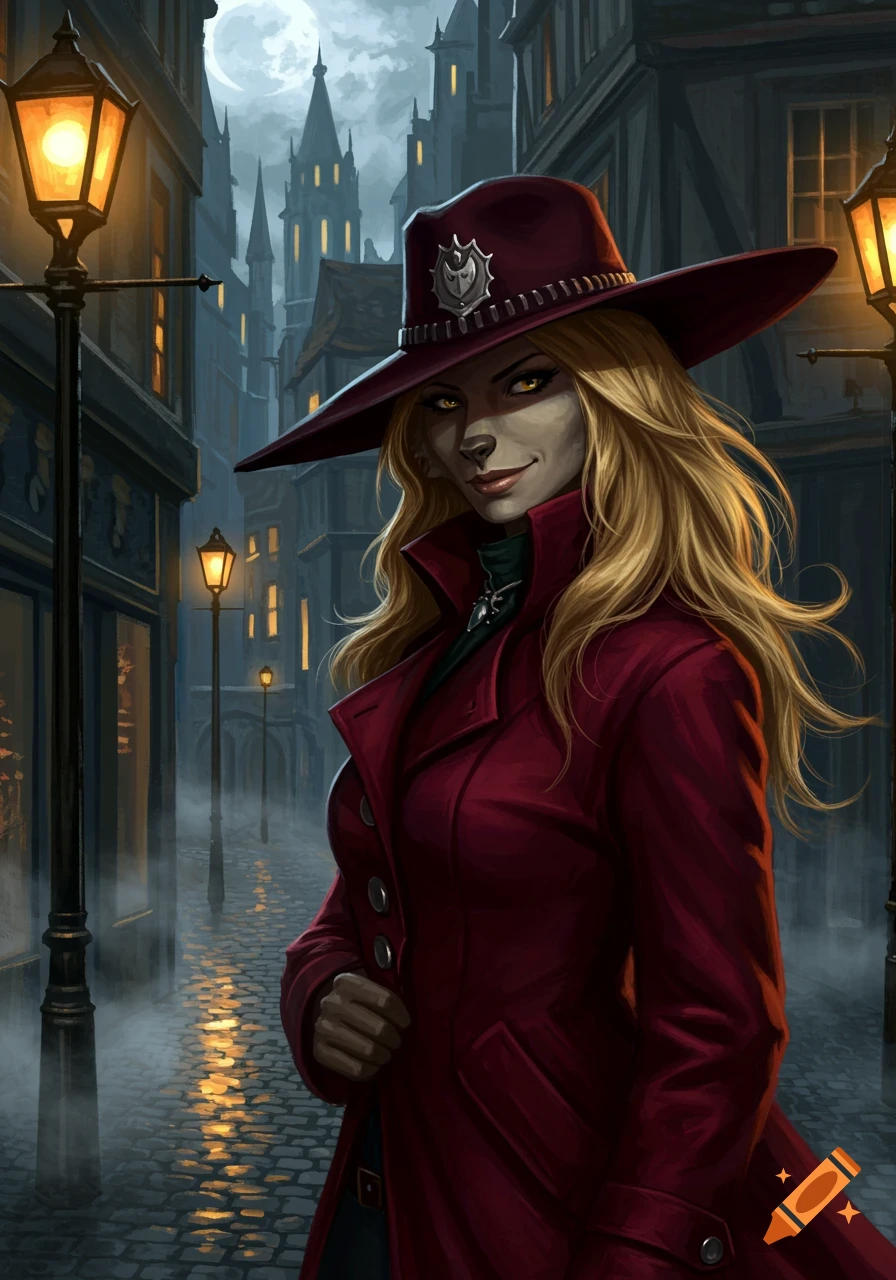 A mysterious woman with blonde hair, yellow eyes, wearing a red coat and wide-brimmed hat, stands on a dark cobblestone street at night, lit by gas lamps.