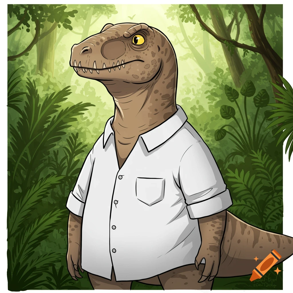 A cartoon Baryonyx dinosaur wearing a white shirt stands in a lush green jungle.