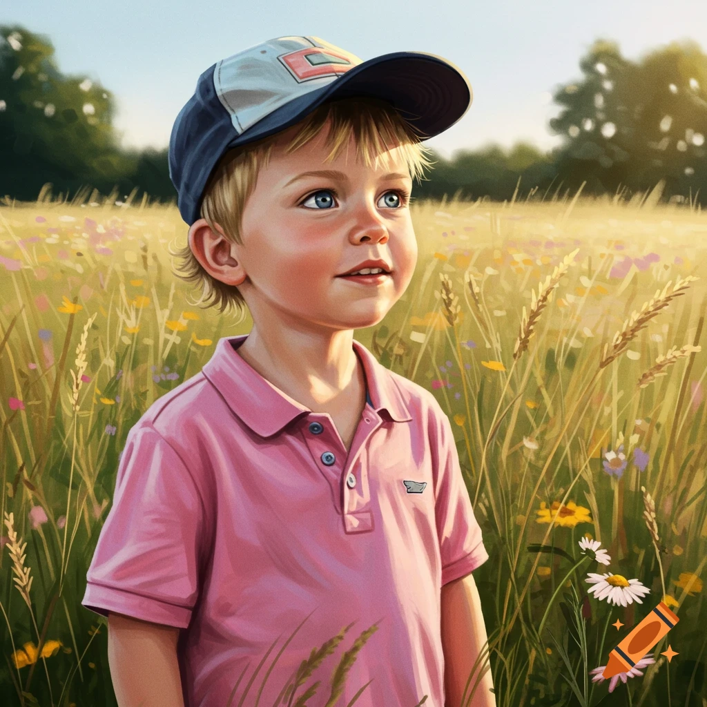 A young boy with blonde hair and blue eyes wearing a pink polo shirt and a baseball cap stands in a sunny field of wildflowers.