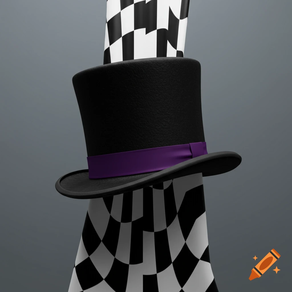 A black top hat with a purple band is angled against a gray background, with a black and white checker pattern cascading upwards around it.