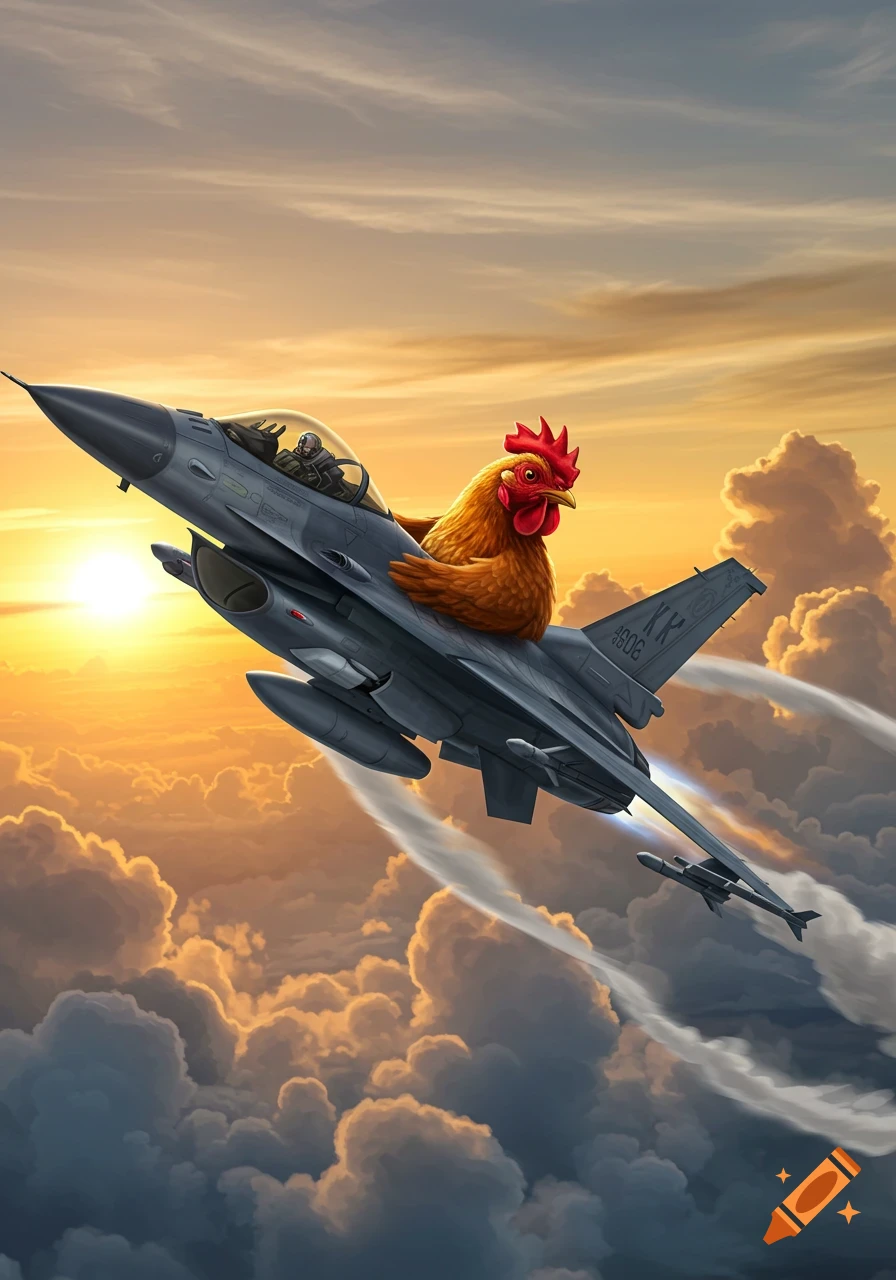 A large brown chicken sits on the back of a grey F-16 fighter jet, flying through a cloudy sky at sunset.