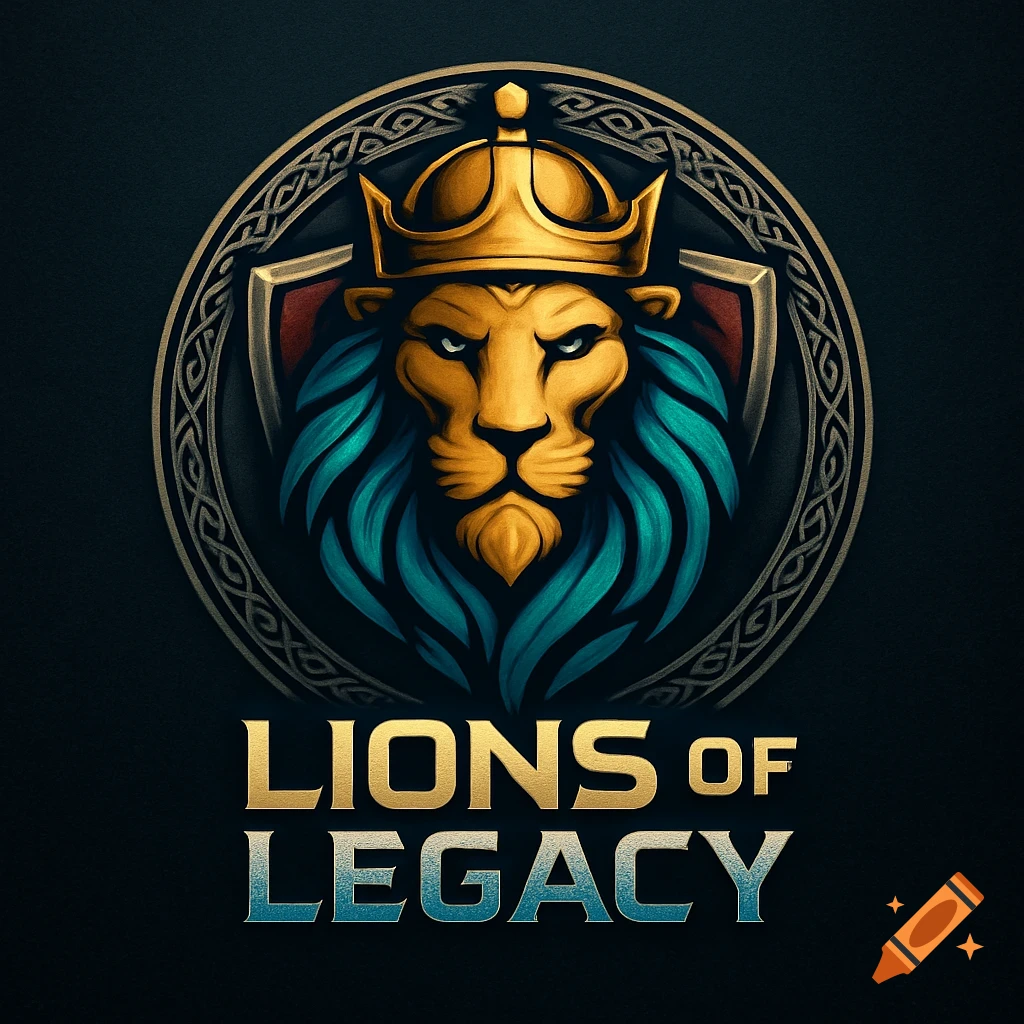 A stylized logo featuring a regal lion's head wearing a gold crown with teal mane, within a circular crest, above 'LIONS OF LEGACY' text.