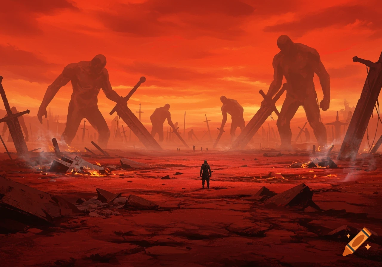 A lone warrior faces colossal giants holding swords in a red, apocalyptic wasteland with burning debris and huge fallen blades, digital fantasy art.