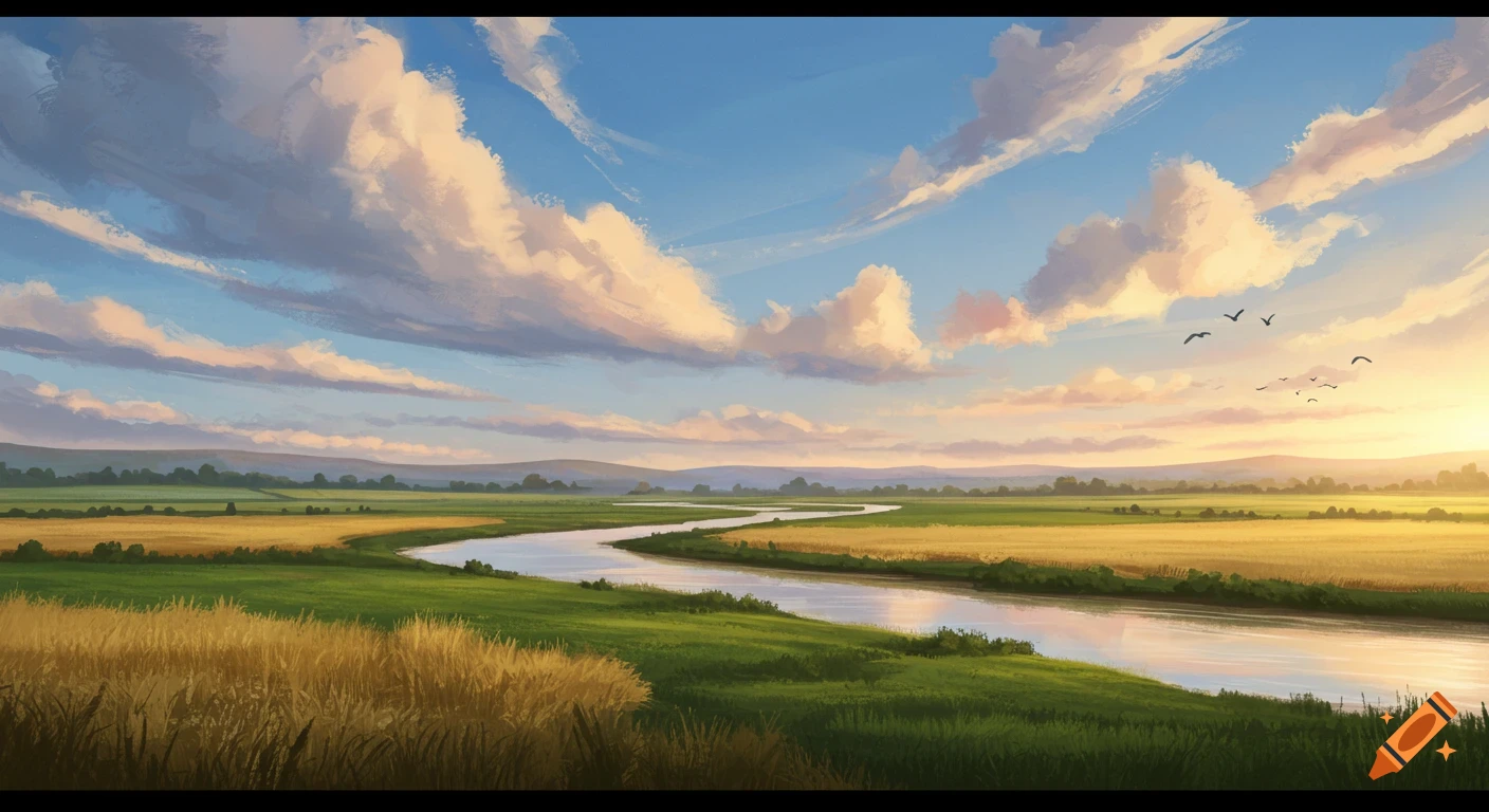 A winding river flows through green and golden fields under a bright blue sky with fluffy clouds at sunset, in a digital painting style.