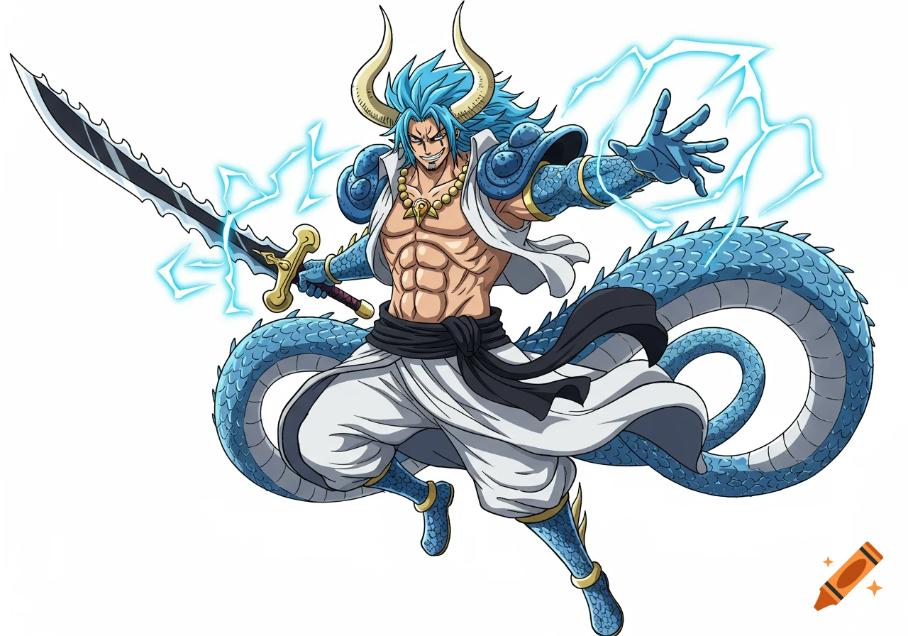 Muscular anime character with blue hair, horns, and dragon tail, holding a lightning sword in a dynamic pose.