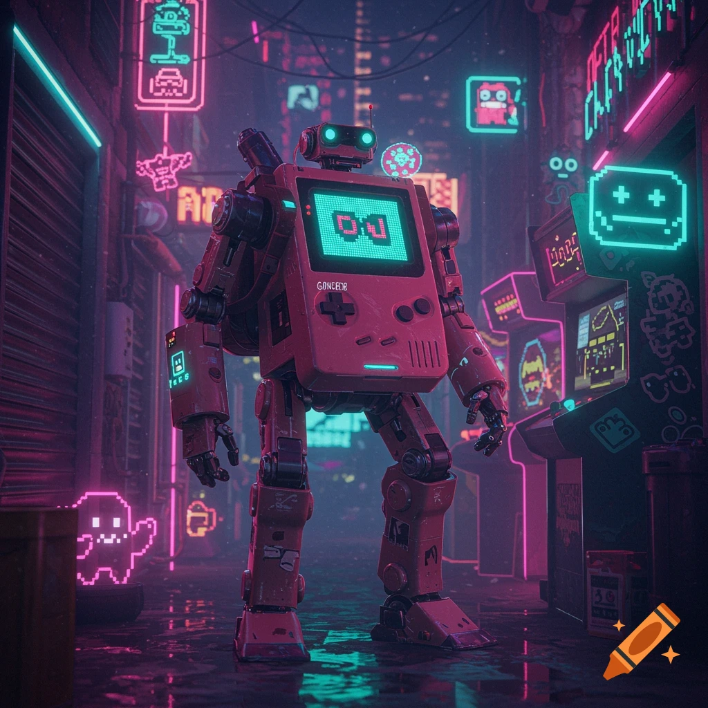 A red Gameboy-themed robot stands in a neon-lit cyberpunk alley, with arcade machines and pixel art signs in the background.