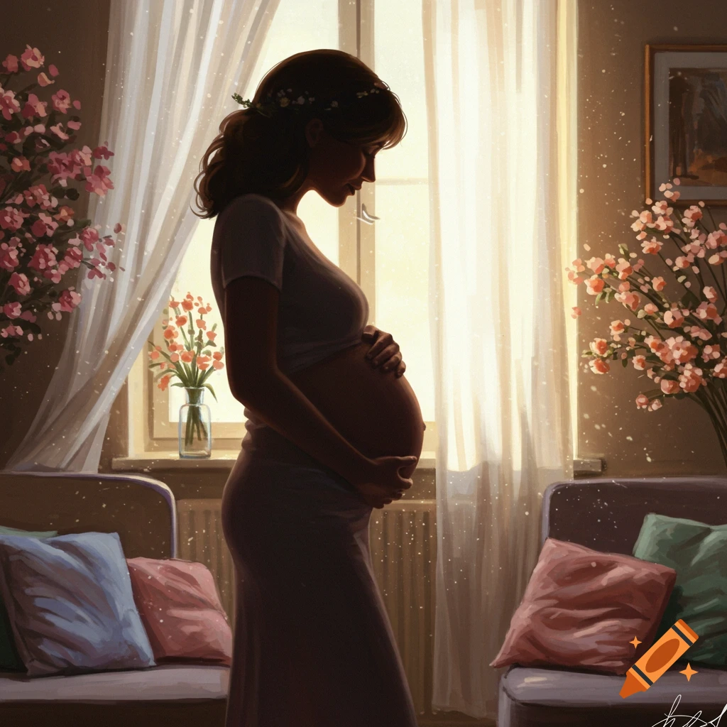 A pregnant woman, silhouetted by bright sunlight from a window, holds her belly in a warm, painterly room with flowers.