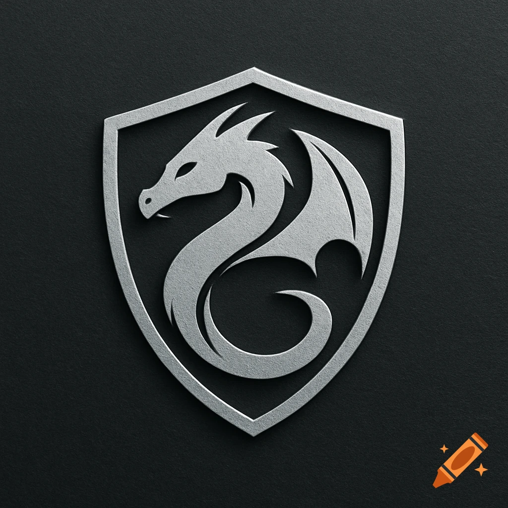 A silver metallic dragon emblem on a shield crest against a dark background.