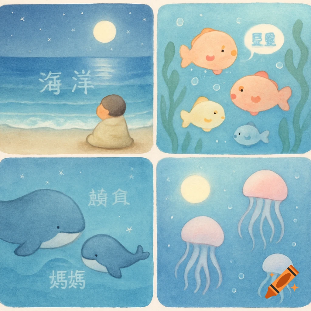 Four panel watercolor illustration for a children's board book featuring ocean scenes: a toddler on the beach, fish, whales, and jellyfish, with Chinese text.