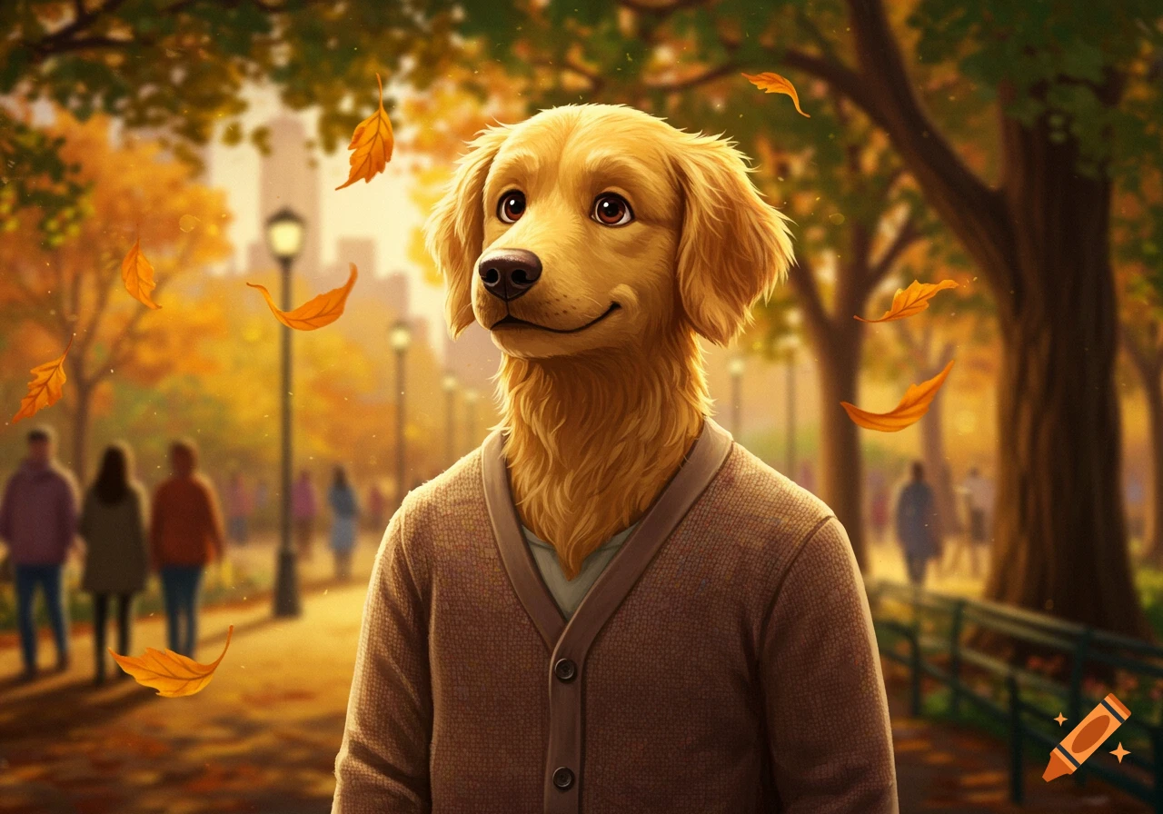 A friendly golden retriever with a human body wearing a brown cardigan stands in an autumn park with falling orange leaves.