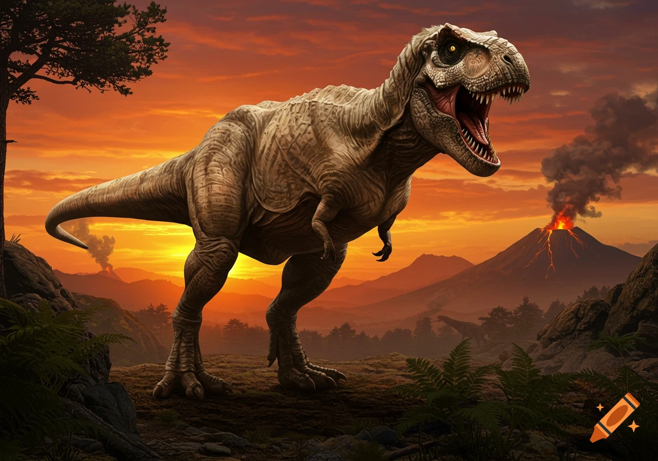 A photorealistic T-Rex stands roaring on a rock with a volcanic eruption and a fiery sunset in the background.