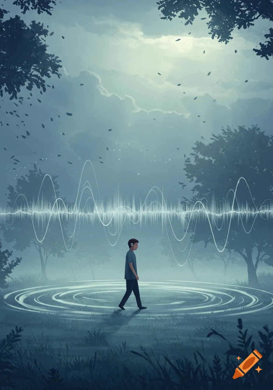 Digital illustration of a person walking in a misty forest surrounded by glowing sound waves and ripples on the ground.