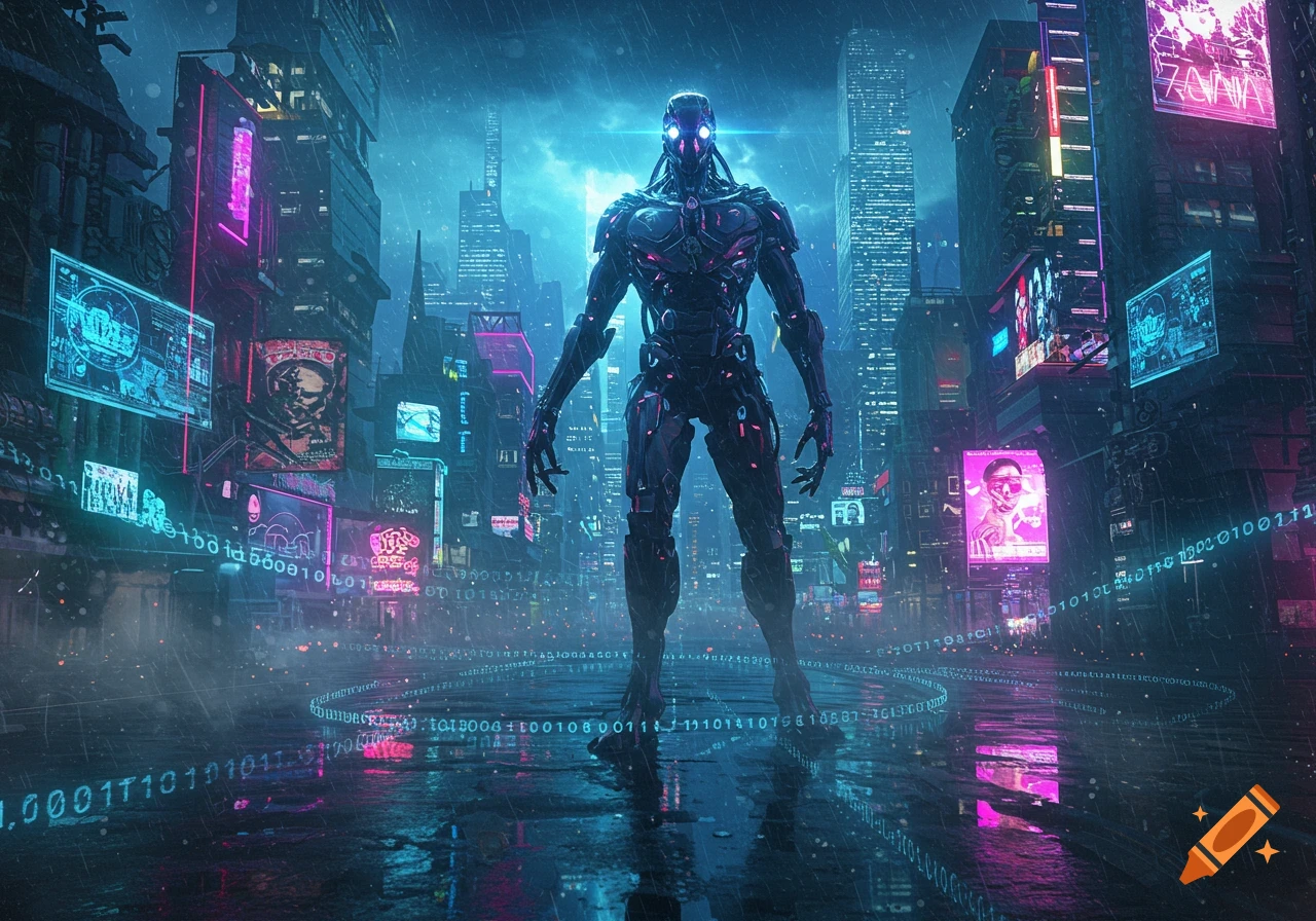 A large, imposing robot stands in the middle of a futuristic, neon-lit cyberpunk city street during a rain shower. Digital code flows on the wet ground.
