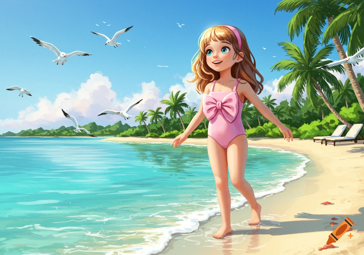 A cartoon girl in a pink swimsuit walks barefoot on a tropical beach with palm trees and seagulls flying over blue water.