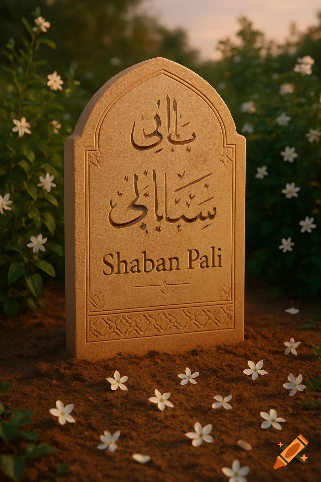 A photorealistic image of an Islamic gravestone with 'Shaban Pali' carved on it, surrounded by white flowers in a sunny field.