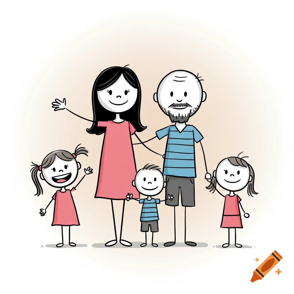 A stick-figure cartoon family portrait featuring a mom, dad, two daughters, and a son, all smiling and waving.