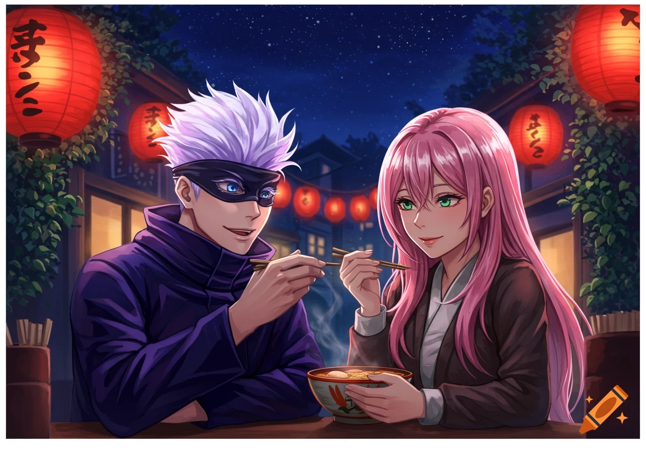 Satoru Gojo and a woman with pink hair share ramen at a restaurant under red lanterns at night, anime style.