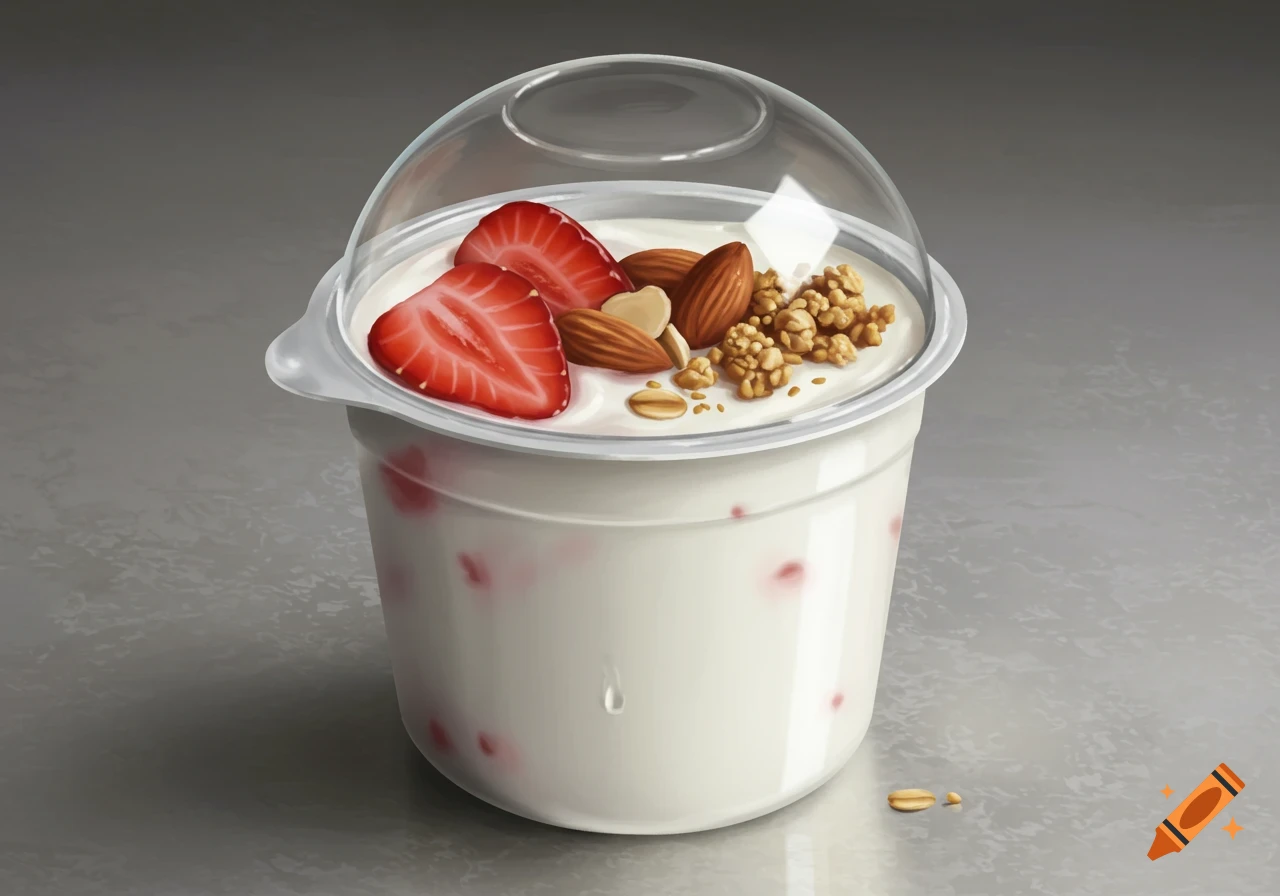 Photorealistic image of a yogurt cup with strawberries, almonds, and granola under a clear lid on a gray surface.