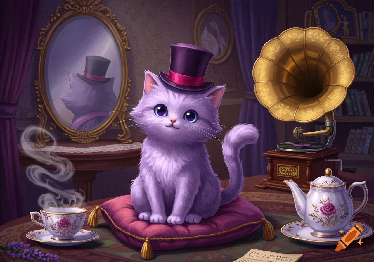A cute purple cat wearing a top hat sits on a pink pillow next to a tea set and an antique gramophone.