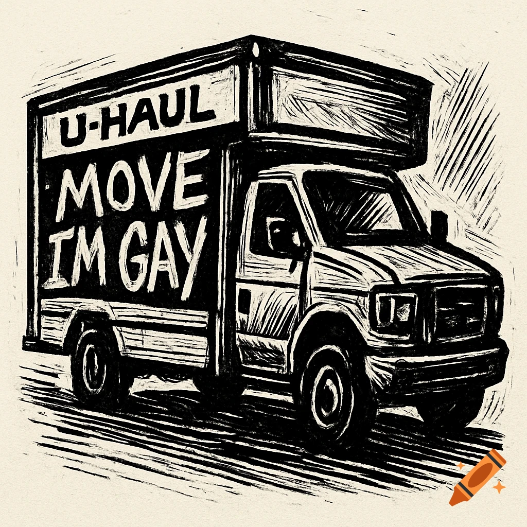 A black and white linocut illustration of a U-Haul moving truck with "U-HAUL" and "MOVE I'M GAY" painted on its side.