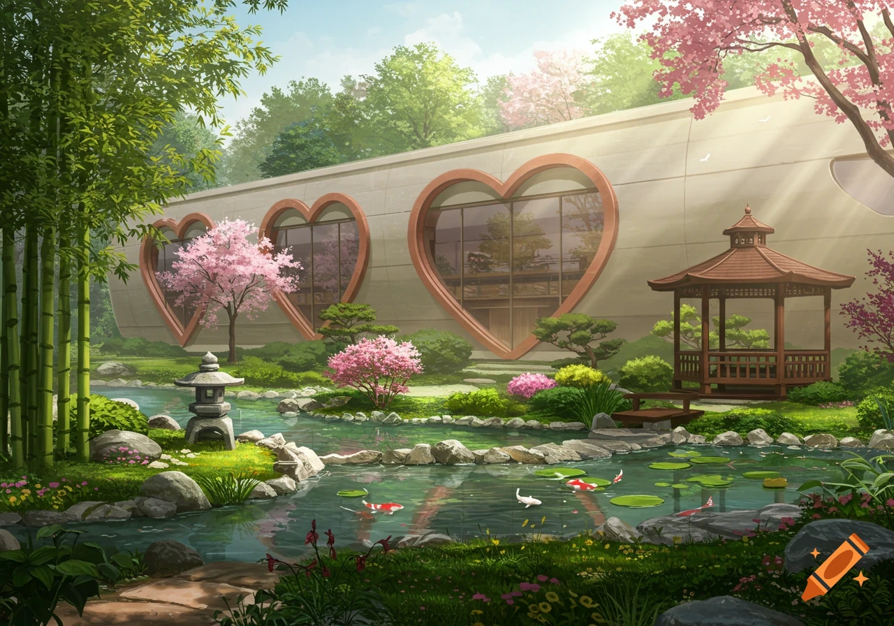 A serene Japanese garden with a pond, koi fish, stone lantern, gazebo, cherry blossoms, and a building with heart-shaped windows.
