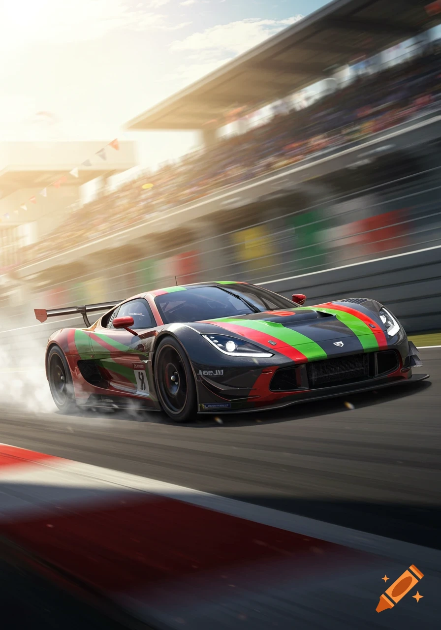 A vibrant black, red, and green race car speeds on a track with motion blur and a sunny sky.
