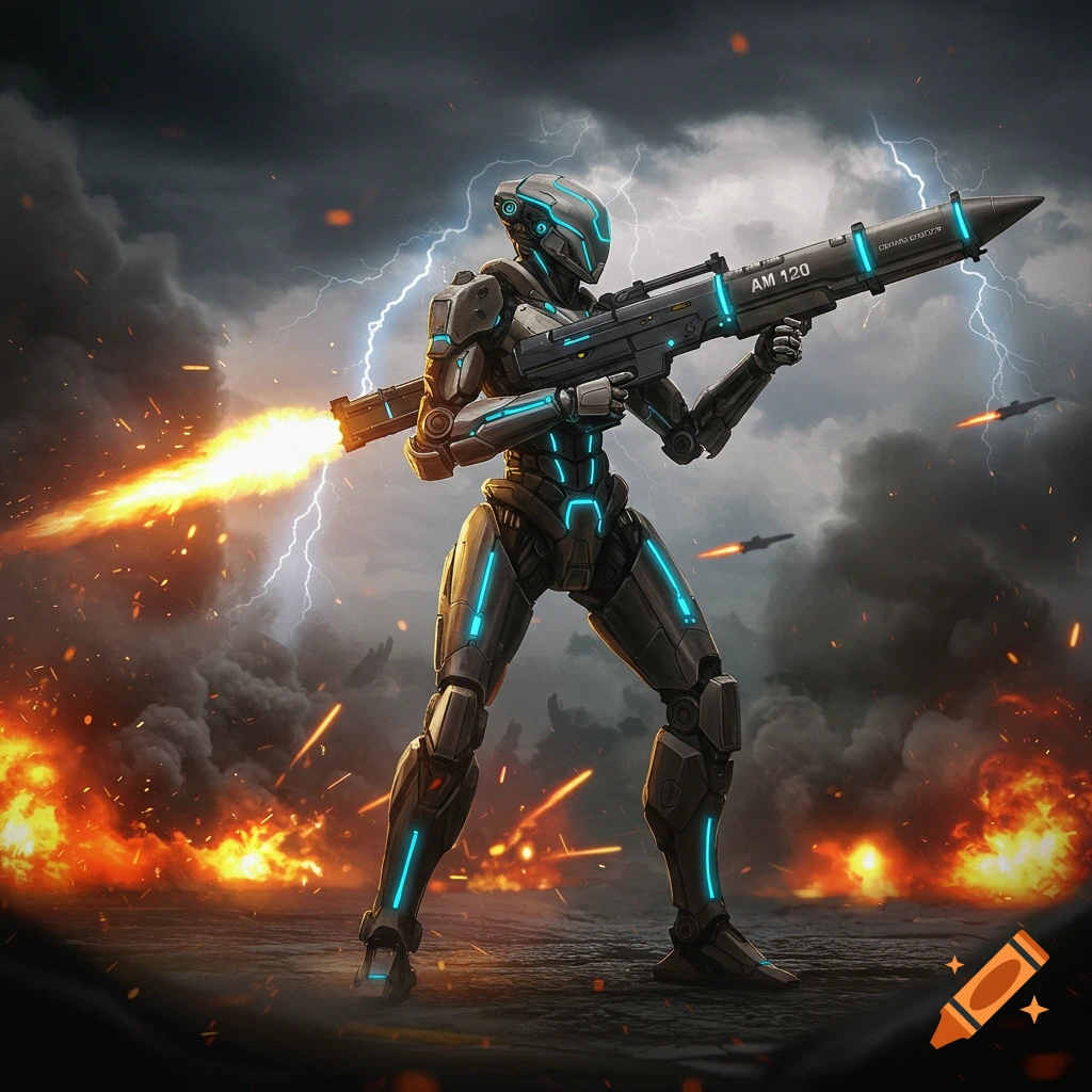 A futuristic combat robot in a grey and blue suit holds a large launcher, firing a projectile amid explosions and lightning.