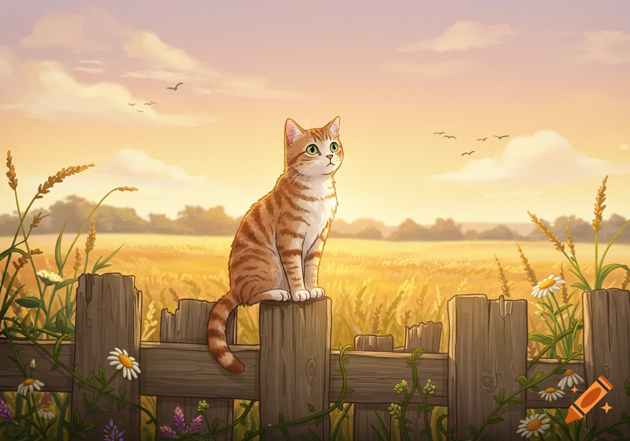 An orange tabby cat sits on a wooden fence in a golden field under a sunset sky.