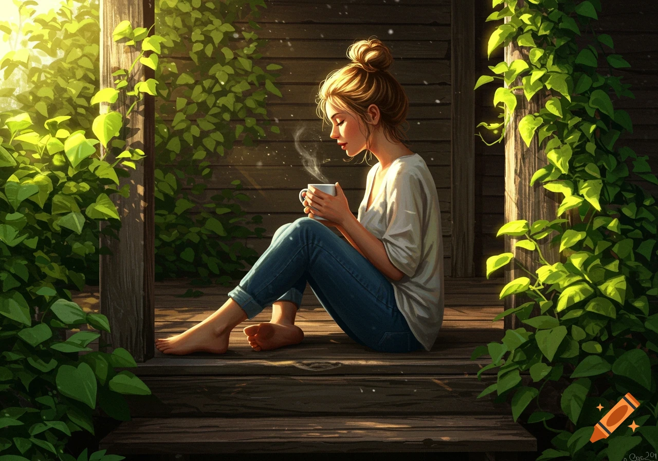 Young woman with messy bun sitting barefoot on a wooden porch, holding a steaming coffee cup, surrounded by sunlit green vines.