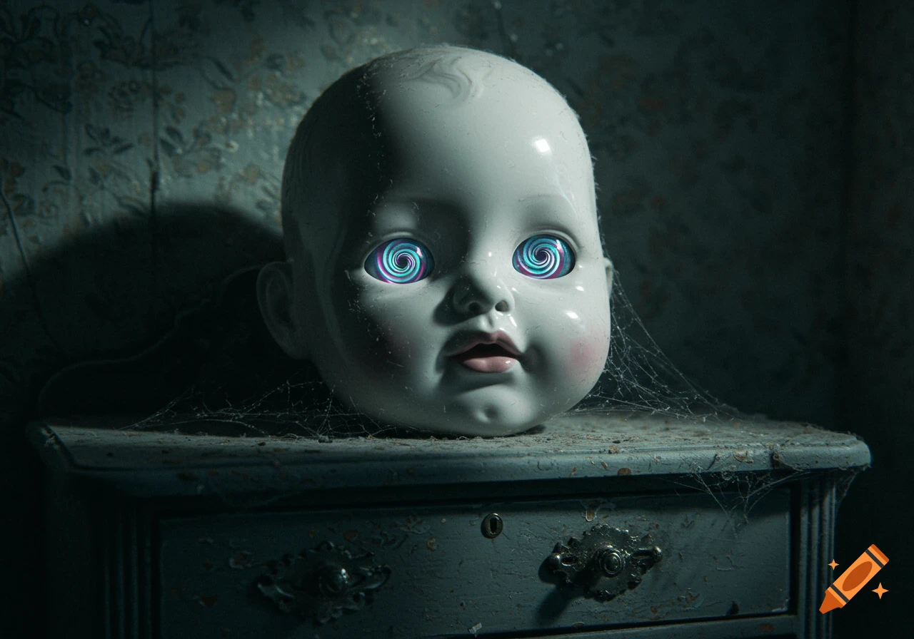 A white baby doll head with glowing, hypnotic spiral eyes sits on a dusty, cobweb-covered old dresser in a dark room.