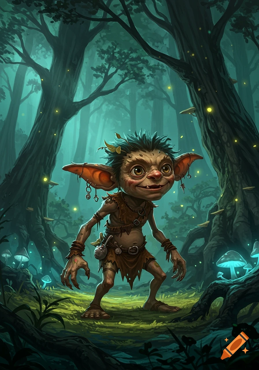 A cute, whimsical goblin with large ears and spiky hair stands in a magical forest with glowing mushrooms.