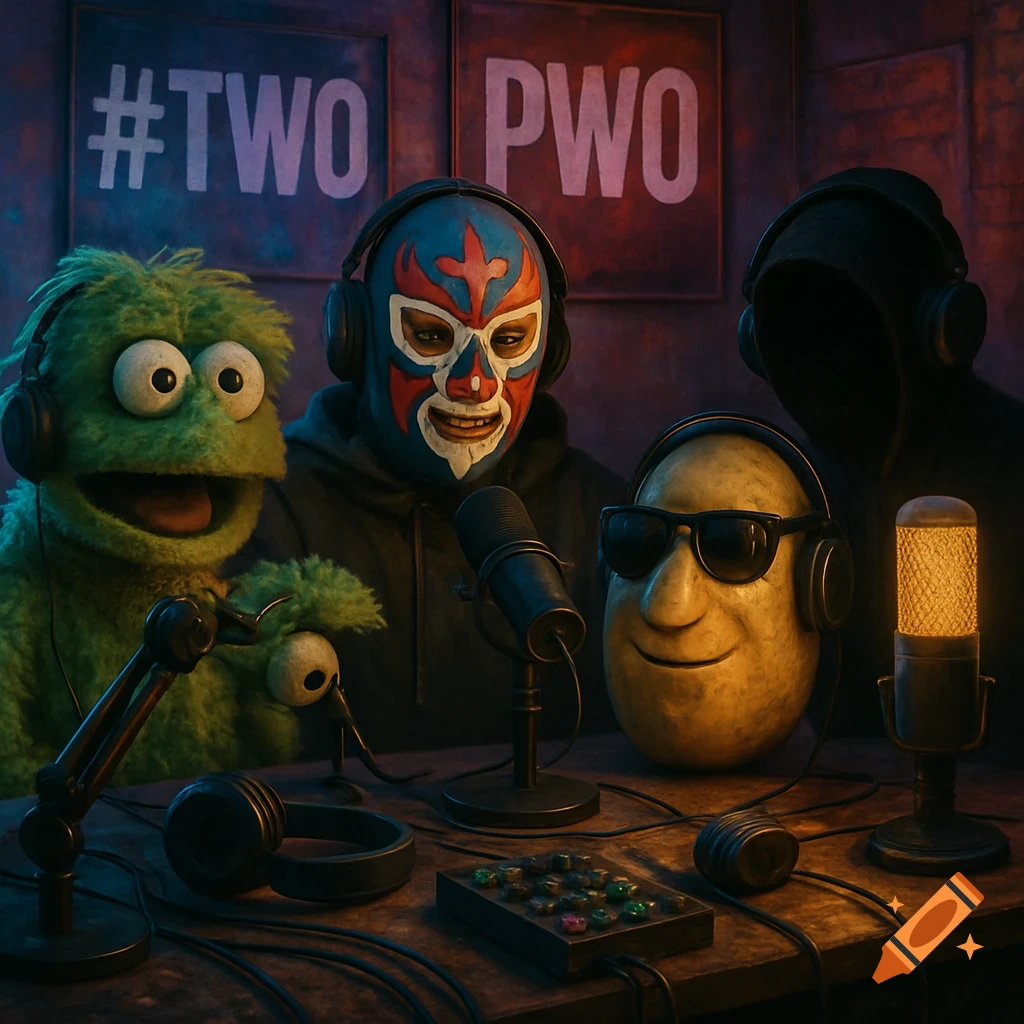 Digital painting of unique podcast characters: a green puppet, a masked man, a talking potato, and a shadowy figure, in a studio with microphones and posters.