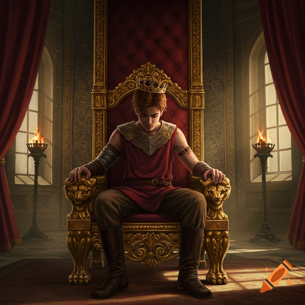 A young king with his crown slightly askew sits on a grand red and gold throne in a royal hall.