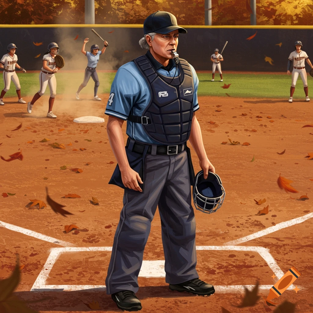 An umpire stands on a softball field, holding his mask, with players in the background. Autumn leaves are scattered on the dirt.