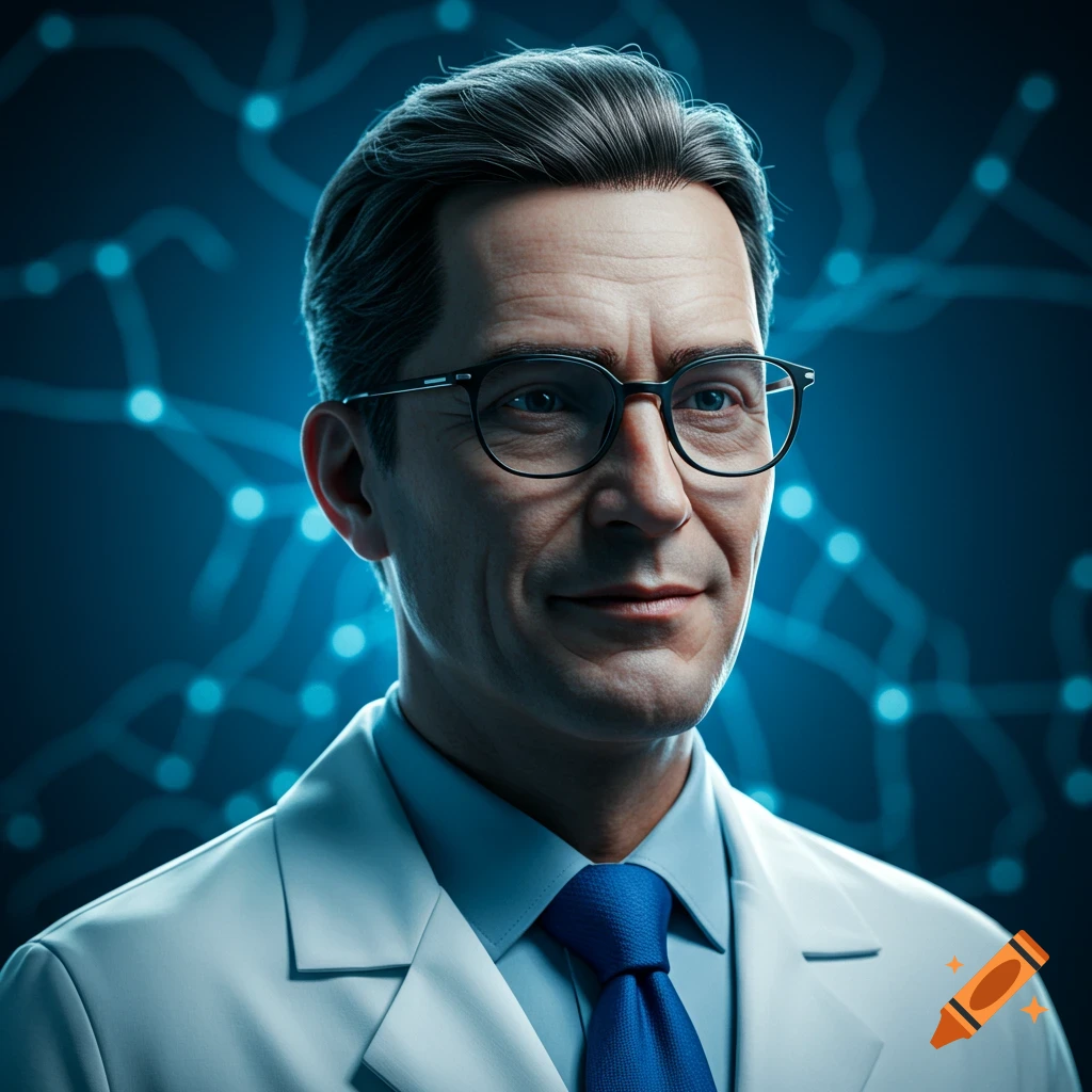 A photorealistic portrait of a man in a lab coat and glasses, with a neural network background.