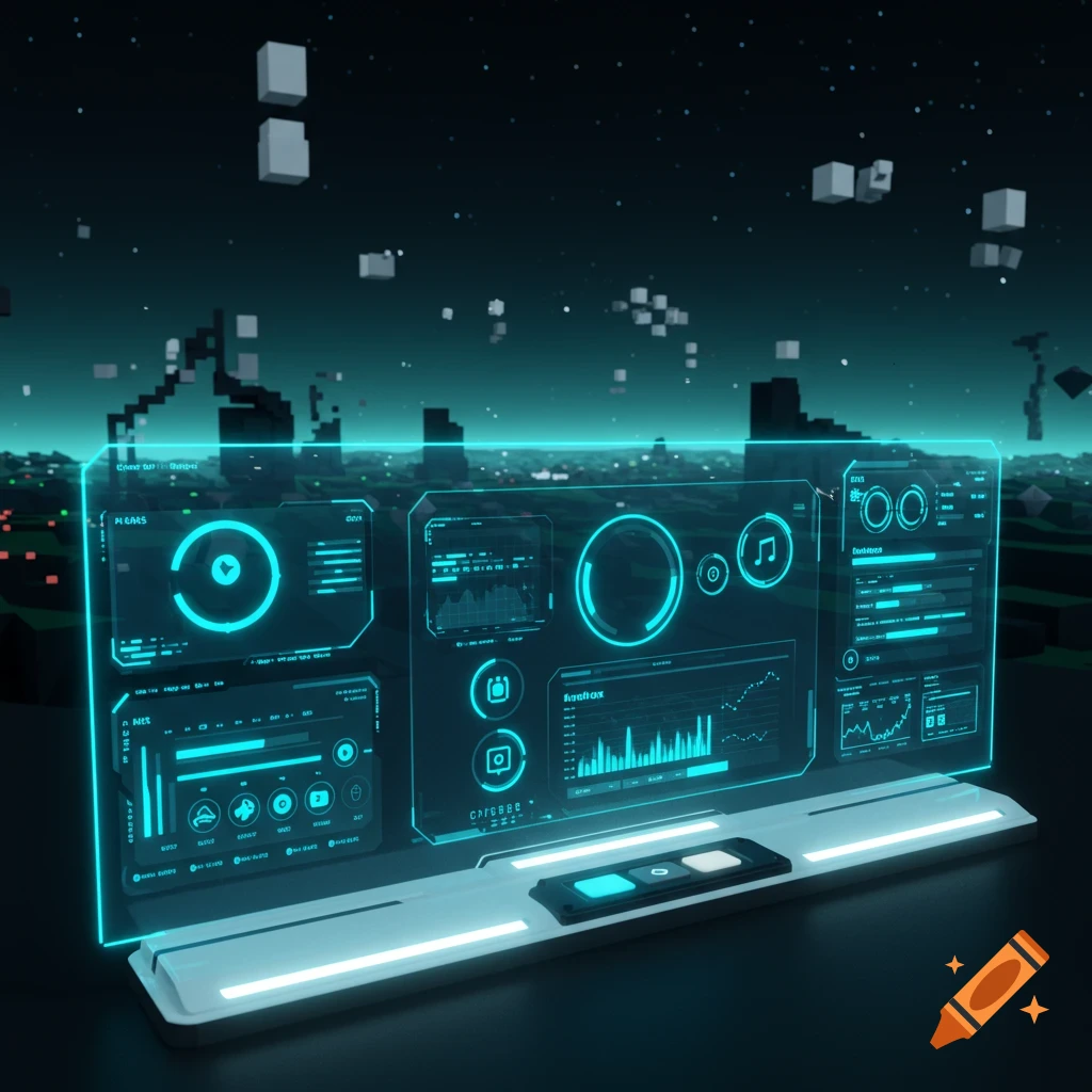 A glowing blue futuristic holographic user interface (UI) display with data graphs and icons in a dark digital landscape.