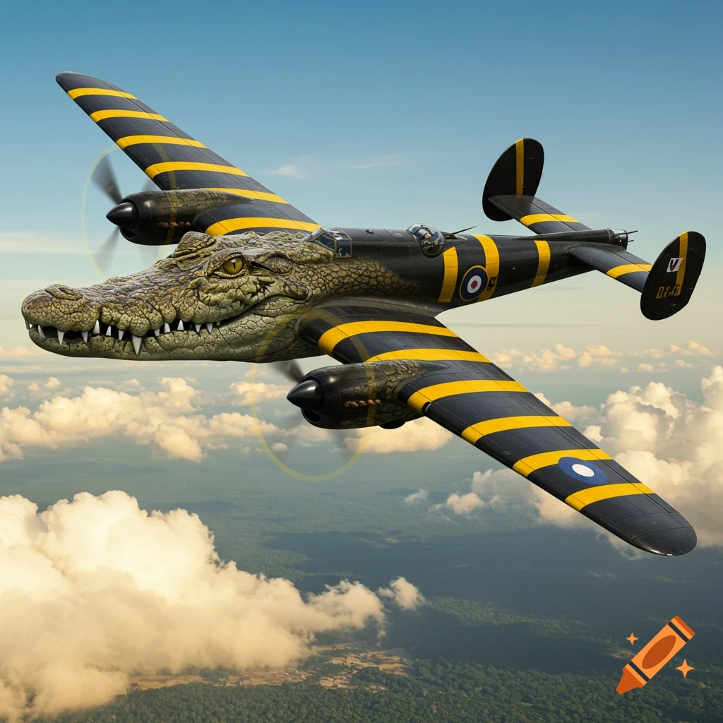 Photorealistic bomb plane with a crocodile head and black and yellow stripes flying over clouds and a green landscape.