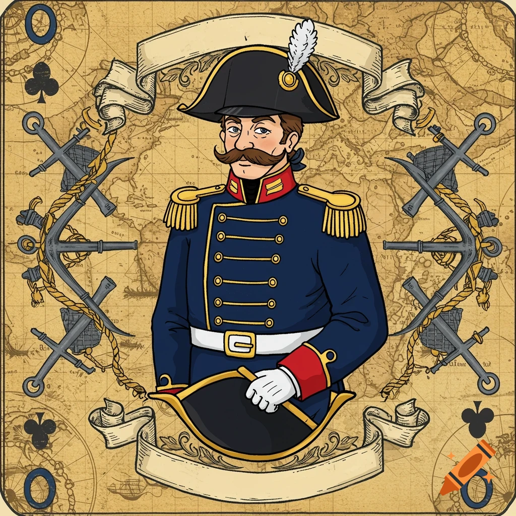 Cartoon style illustration of a British naval officer in uniform with a mustache and a feather hat, set against an old map background with playing card symbols.