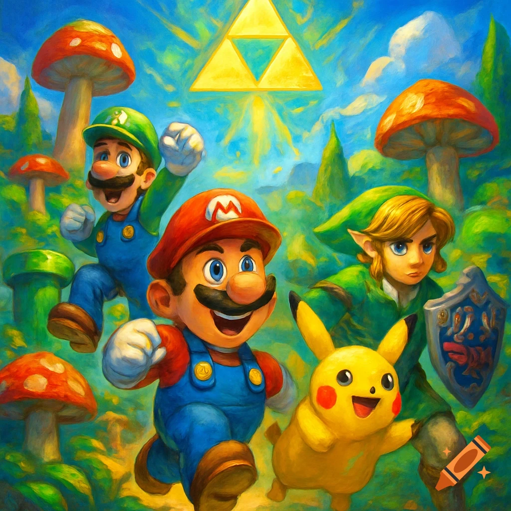 Mario, Luigi, Link, and Pikachu running in a vibrant, painterly landscape with mushrooms and a Triforce symbol in the sky.