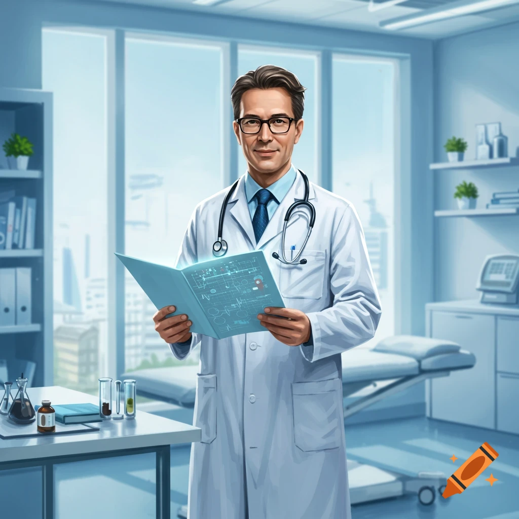 A male doctor in a white lab coat and stethoscope holds an open folder with diagrams in a bright, modern doctor's office.