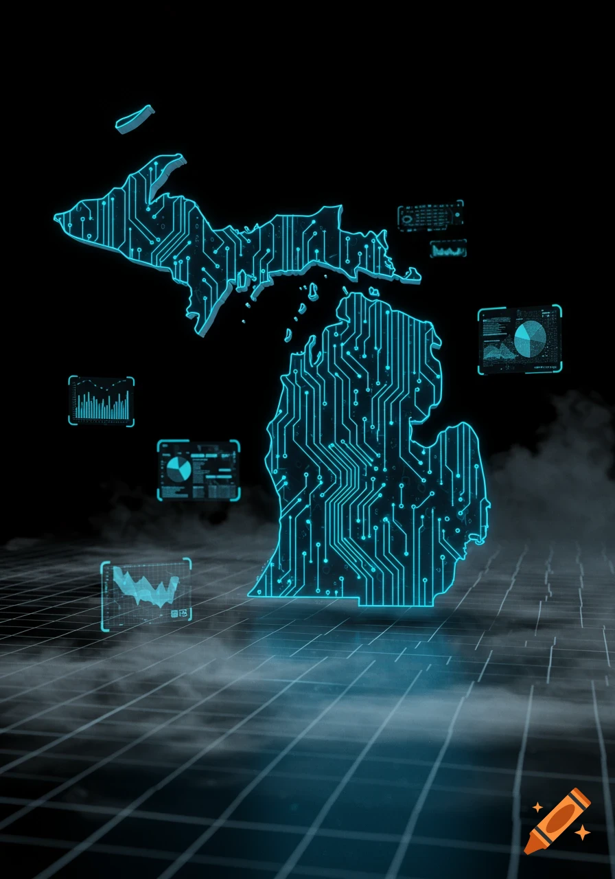 A neon blue circuit board outline of the state of Michigan with holographic data displays floating around it on a gridded, smoky surface.