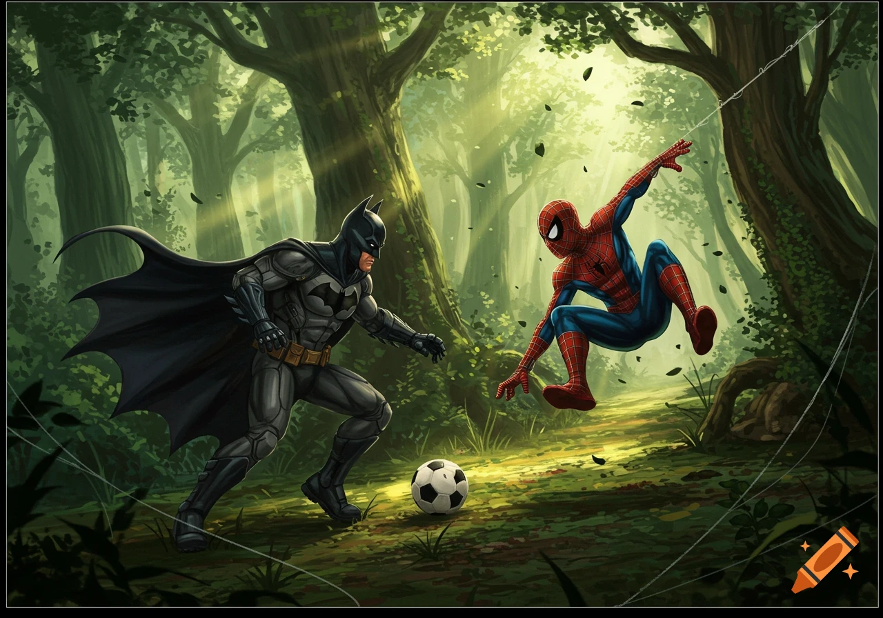 Batman and Spider-Man play soccer in a sunlit forest, comic book illustration style.