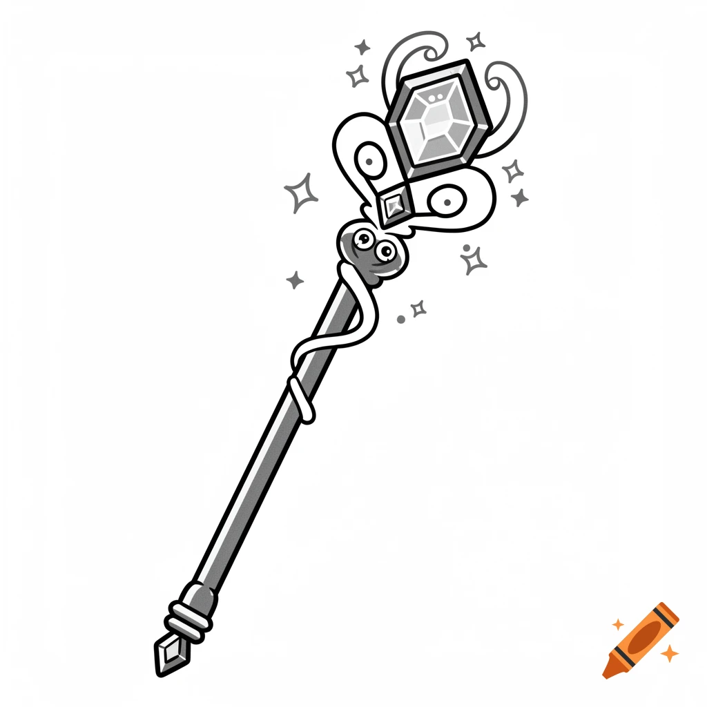 A black outline cartoon illustration of a magical light staff with a large faceted gem, surrounded by sparkles.