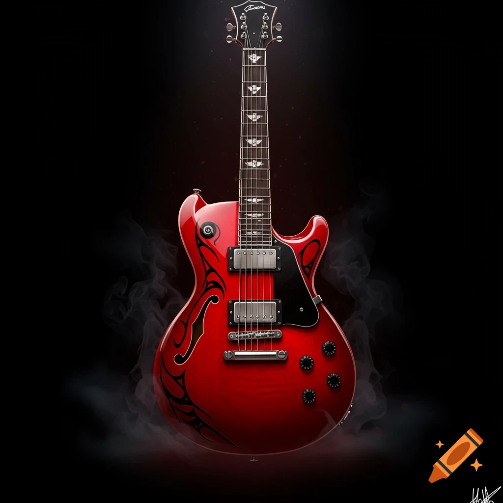 A vibrant red and black electric guitar with tribal designs floats in a smoky dark void.