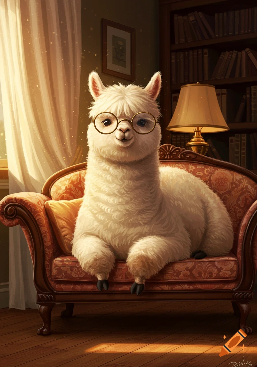 A fluffy white alpaca with round glasses sits on an ornate couch in a cozy, sunlit room with a bookshelf.