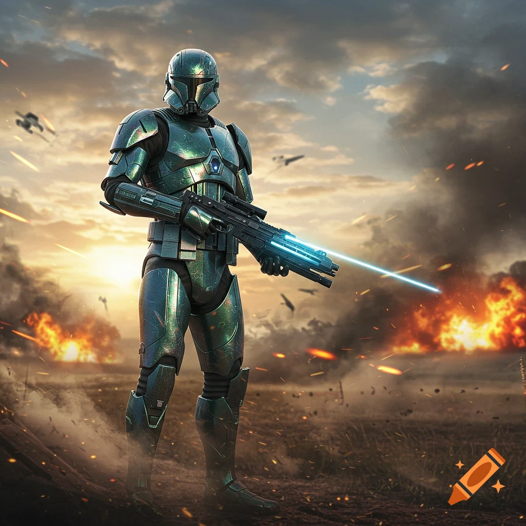 A futuristic armored soldier stands with a laser rifle on a battlefield with explosions under a dramatic sky.
