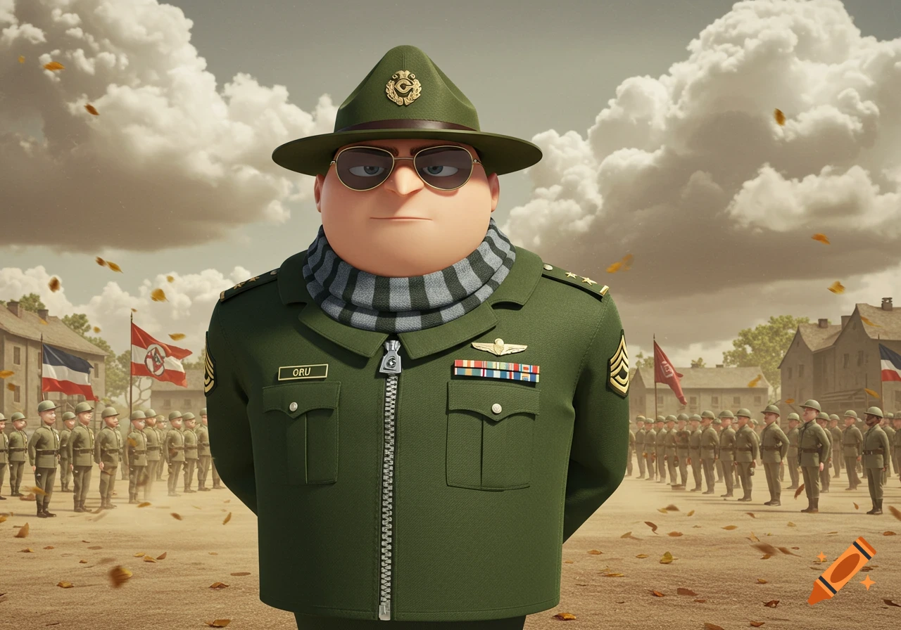 A CGI-style image of Gru from Despicable Me dressed as a drill sergeant on a military parade ground with soldiers in the background and falling leaves.