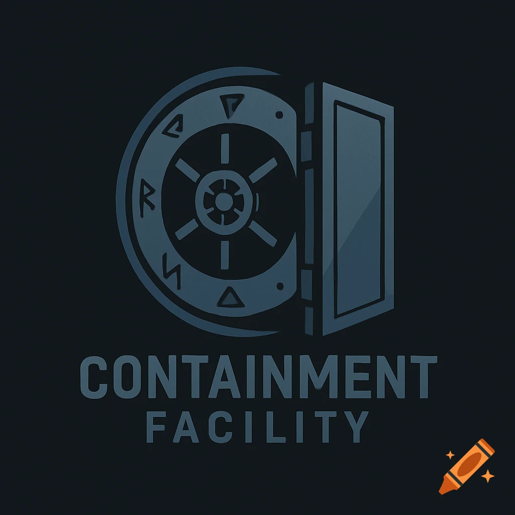 A stylized dark blue and grey logo featuring an open vault door with a central wheel and 'CONTAINMENT FACILITY' text.
